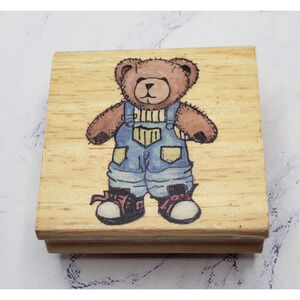 Teddy Bear Plush in Overalls Wood Mounted Rubber Stamp